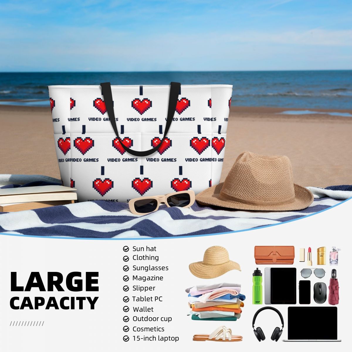 I Heart Video Games Beach Tote - Yoga Fitness Video 评论和价格